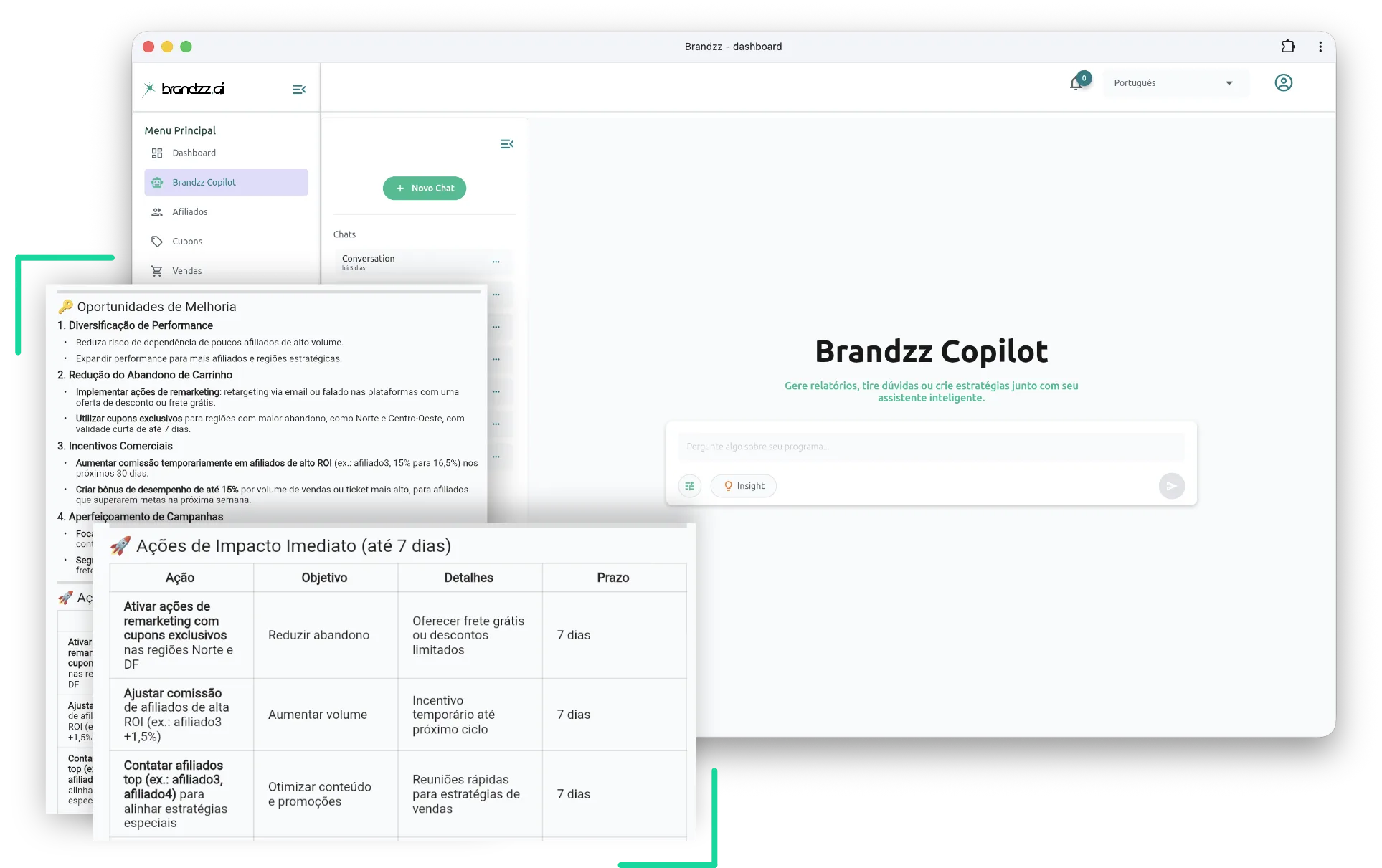 Previsibilidade Financeira - Captura de tela da interface mostrando Brandzz Copilot prevê vendas, identifica oportunid